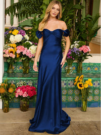 Sheath/Column Off Shoulder Sweetheart Corset Satin Long Prom Dresses with Bows Women Formal Gowns