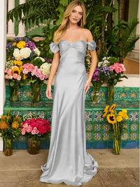 Sheath/Column Off Shoulder Sweetheart Corset Satin Long Prom Dresses with Bows Women Formal Gowns