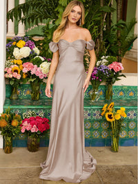 Sheath/Column Off Shoulder Sweetheart Corset Satin Long Prom Dresses with Bows Women Formal Gowns