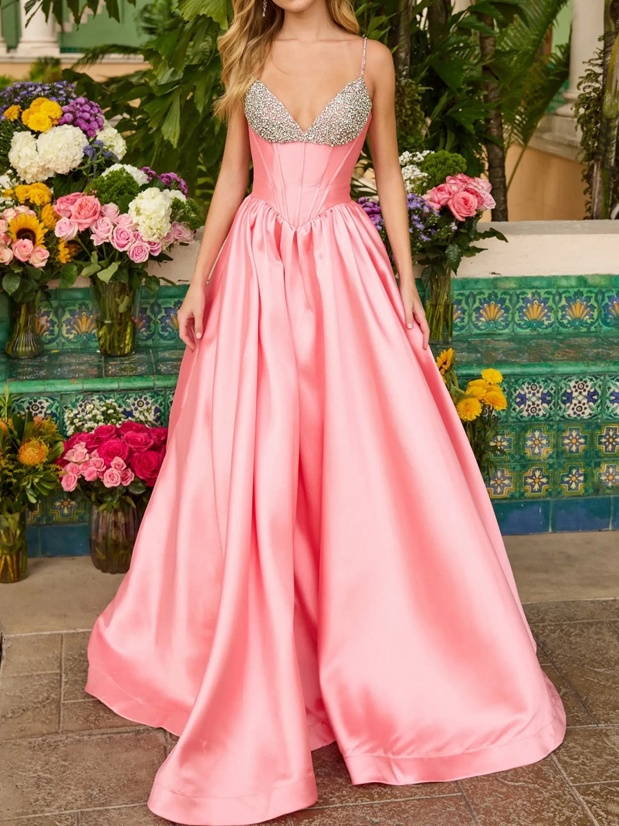 A-Line/Princess Sequin Spaghetti Strap Corset Long Prom Dresses