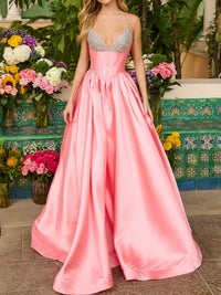 A-Line/Princess Sequin Spaghetti Strap Corset Long Prom Dresses