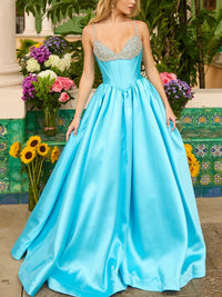 A-Line/Princess Sequin Spaghetti Strap Corset Long Prom Dresses