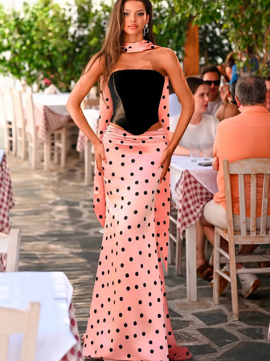 3-Piece Polka Dot Tube Drop Waist Long Prom Dresses with Scarf Women Formal Gowns