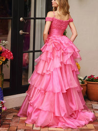 Spaghetti Strap Cold Shoulder Princess Long Prom Dresses with Tiered Taffeta