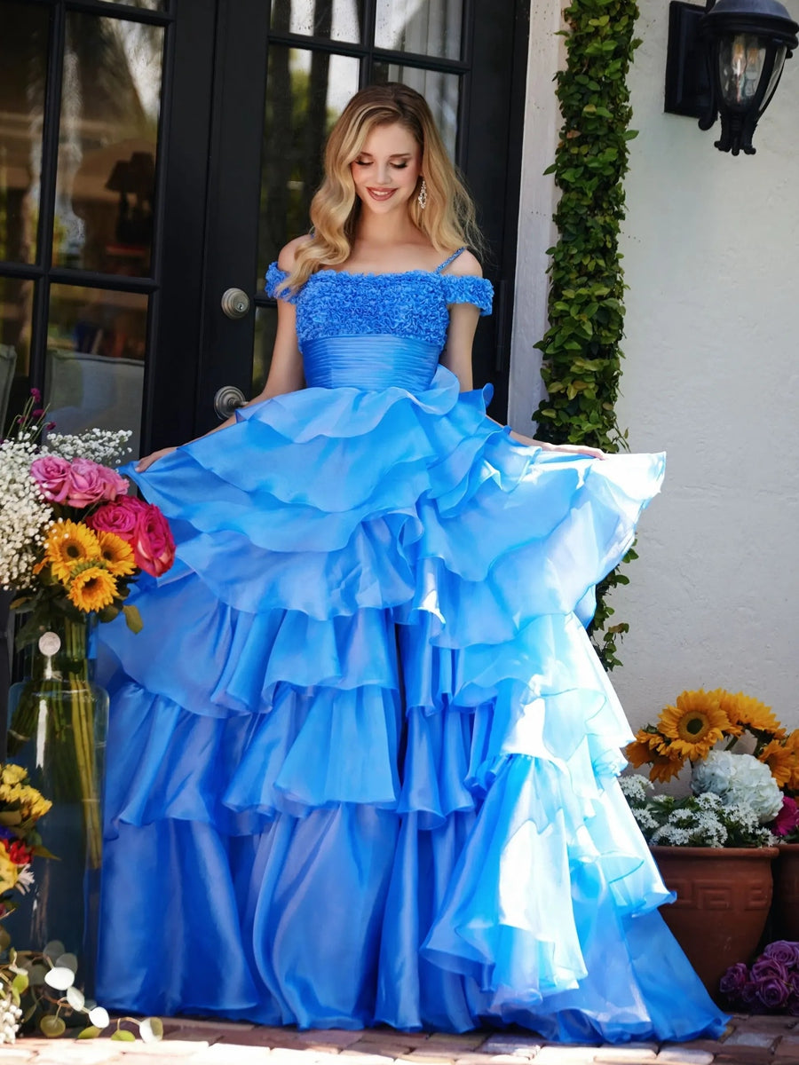 Spaghetti Strap Cold Shoulder Princess Long Prom Dresses with Tiered Taffeta