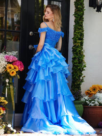 Spaghetti Strap Cold Shoulder Princess Long Prom Dresses with Tiered Taffeta