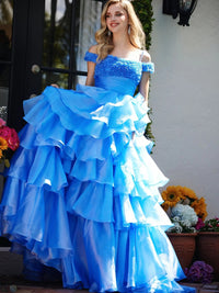 Spaghetti Strap Cold Shoulder Princess Long Prom Dresses with Tiered Taffeta