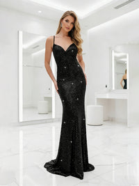 Simple Sequin Sparkly Spaghetti Strap Long Prom Dresses