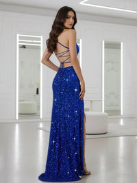 Spaghetti Strap V-Neck Sparkly Sequin Long Prom Dress
