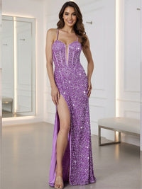 Spaghetti Strap V-Neck Sparkly Sequin Long Prom Dress