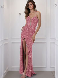 Spaghetti Strap V-Neck Sparkly Sequin Long Prom Dress