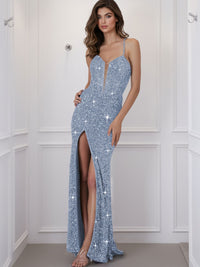 Spaghetti Strap V-Neck Sparkly Sequin Long Prom Dress