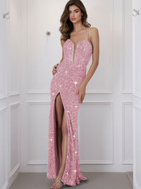 Spaghetti Strap V-Neck Sparkly Sequin Long Prom Dress