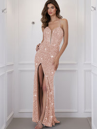 Spaghetti Strap V-Neck Sparkly Sequin Long Prom Dress
