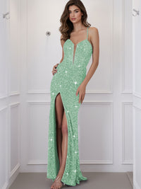 Spaghetti Strap V-Neck Sparkly Sequin Long Prom Dress