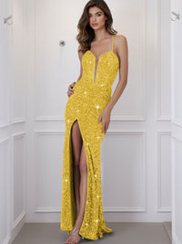 Spaghetti Strap V-Neck Sparkly Sequin Long Prom Dress