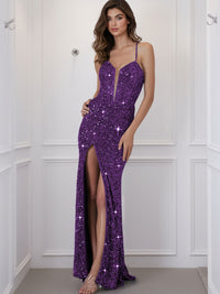 Spaghetti Strap V-Neck Sparkly Sequin Long Prom Dress