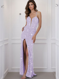 Spaghetti Strap V-Neck Sparkly Sequin Long Prom Dress