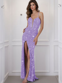 Spaghetti Strap V-Neck Sparkly Sequin Long Prom Dress