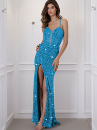 Spaghetti Strap V-Neck Sparkly Sequin Long Prom Dress