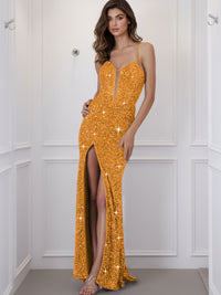Spaghetti Strap V-Neck Sparkly Sequin Long Prom Dress