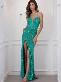 Spaghetti Strap V-Neck Sparkly Sequin Long Prom Dress