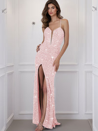 Spaghetti Strap V-Neck Sparkly Sequin Long Prom Dress