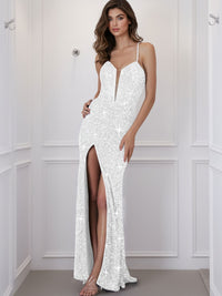 Spaghetti Strap V-Neck Sparkly Sequin Long Prom Dress