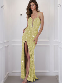 Spaghetti Strap V-Neck Sparkly Sequin Long Prom Dress