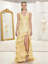 Halter Beading Tiered Sparkly Long Prom Dress