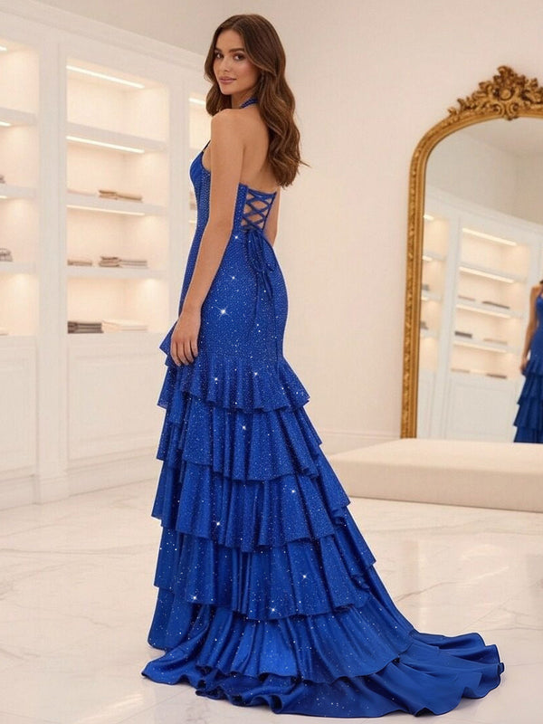 Halter Beading Tiered Sparkly Long Prom Dress