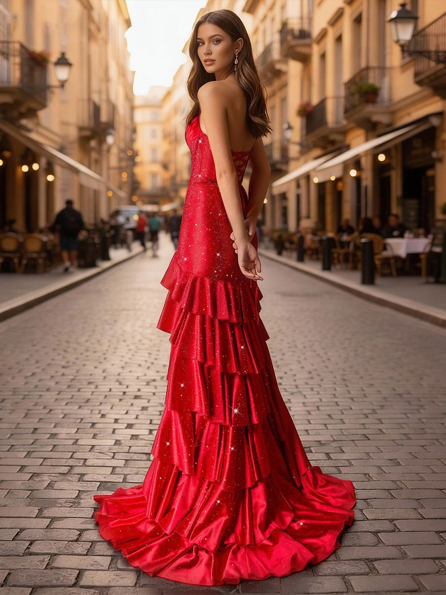 Halter Beading Tiered Sparkly Long Prom Dress