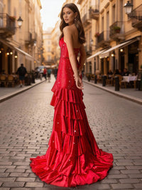 Halter Beading Tiered Sparkly Long Prom Dress