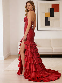 Halter Beading Tiered Sparkly Long Prom Dress