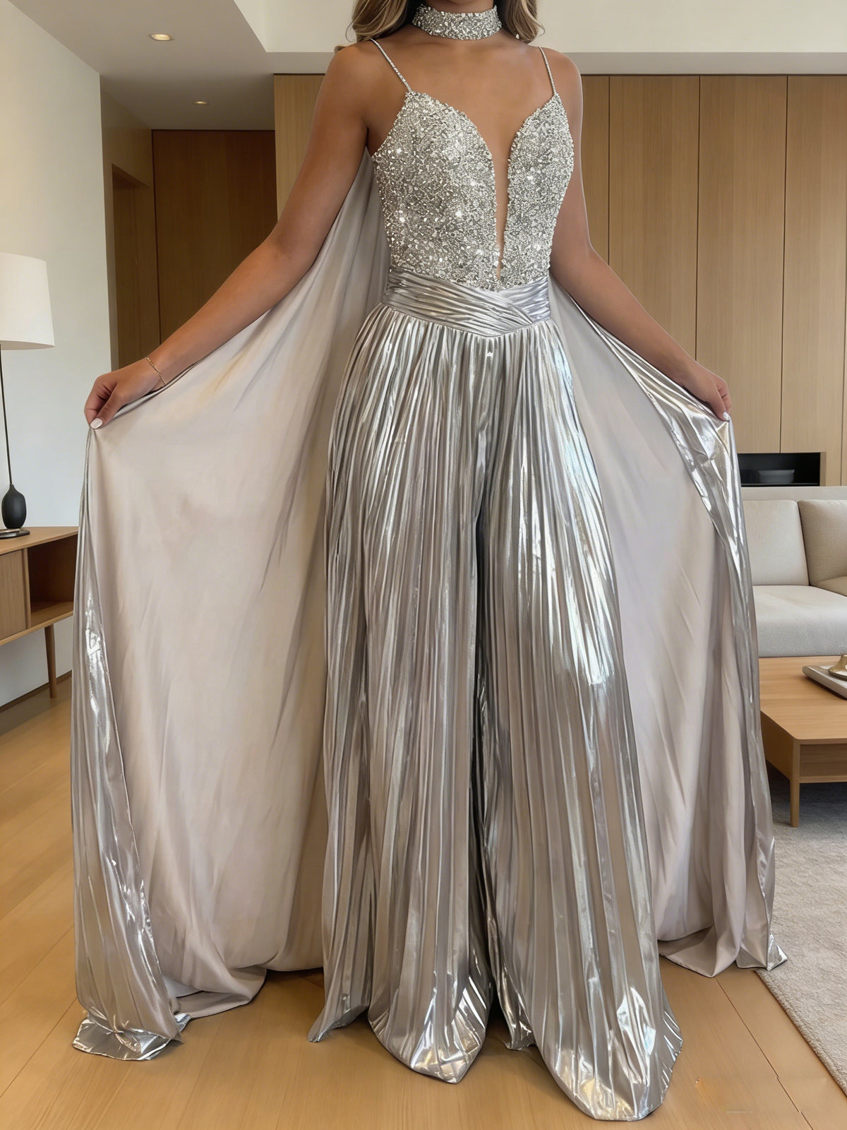 Jumpsuits Sequin V-Neck Sparkly Long Evening Dresses with Cape