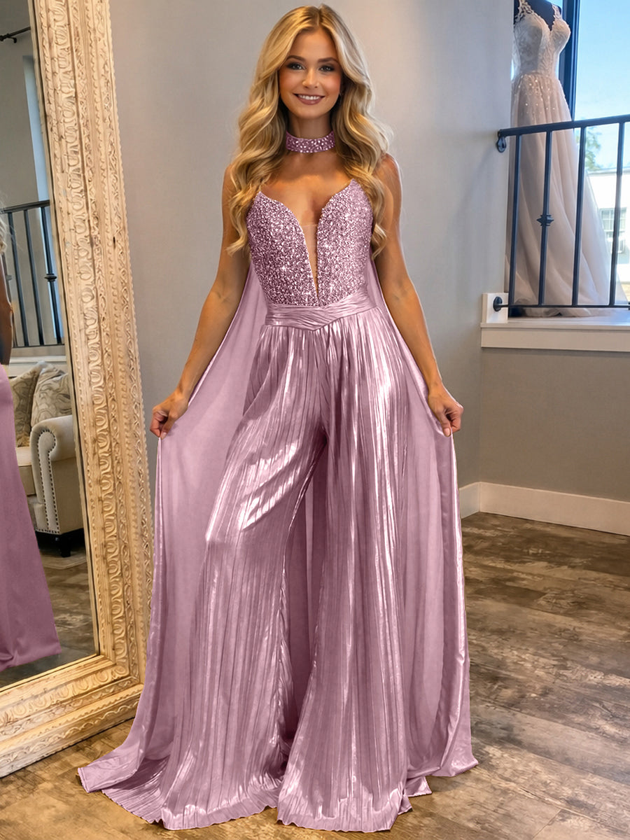 Jumpsuits Sequin V-Neck Sparkly Long Evening Dresses with Cape