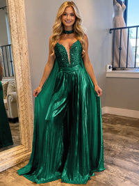 Jumpsuits Sequin V-Neck Sparkly Long Evening Dresses with Cape