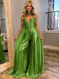 Jumpsuits Sequin V-Neck Sparkly Long Evening Dresses with Cape