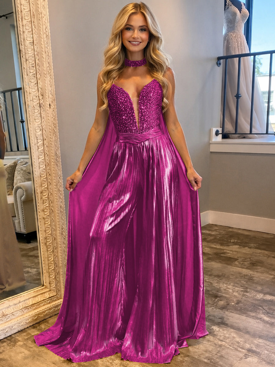Jumpsuits Sequin V-Neck Sparkly Long Evening Dresses with Cape