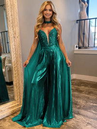 Jumpsuits Sequin V-Neck Sparkly Long Evening Dresses with Cape