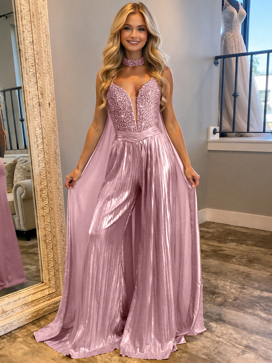 Jumpsuits Sequin V-Neck Sparkly Long Evening Dresses with Cape