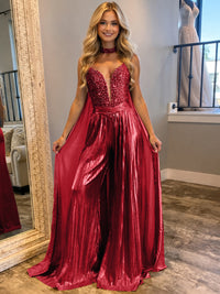 Jumpsuits Sequin V-Neck Sparkly Long Evening Dresses with Cape