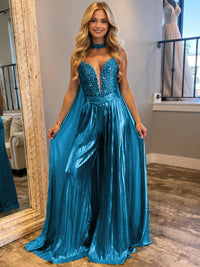 Jumpsuits Sequin V-Neck Sparkly Long Evening Dresses with Cape