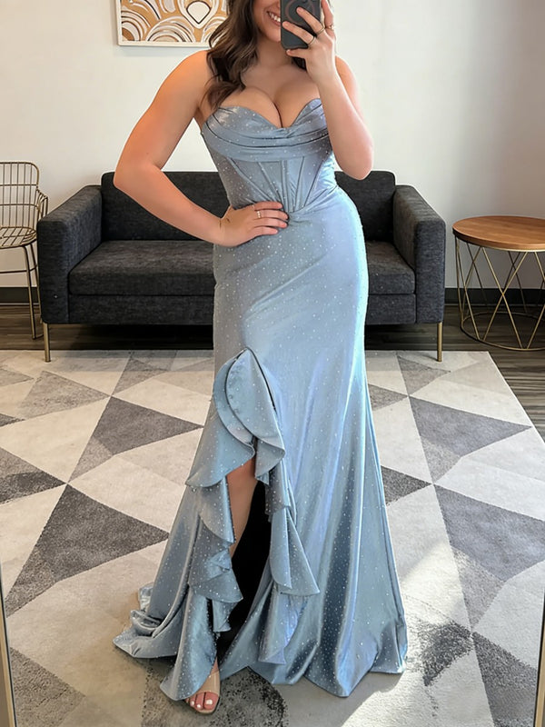 Simple Sparkly Sweetheart Ruched Corset Long Prom Dresses with Ruffle Slit