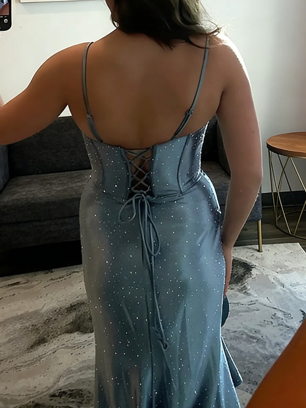 Simple Sparkly Sweetheart Ruched Corset Long Prom Dresses with Ruffle Slit