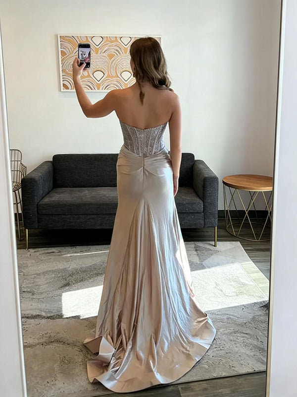 Simple Sparkly Beading Sweetheart Ruched Corset Long Prom Dresses with Satin