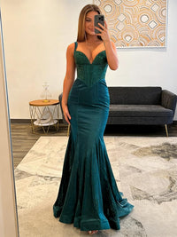 Sparkly Beading Spaghetti Strap Corset Long Prom Dresses with Satin