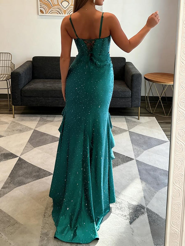 Sparkly Beading Spaghetti Strap Corset Long Prom Dresses with Satin