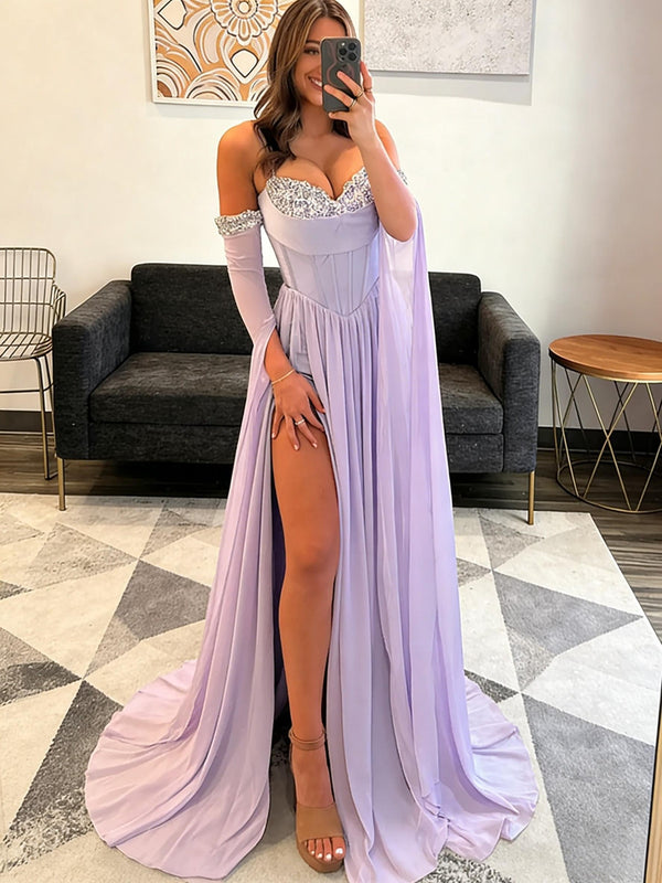 A-Line Glitter Sweetheart Corset Ruched Long Prom Dresses