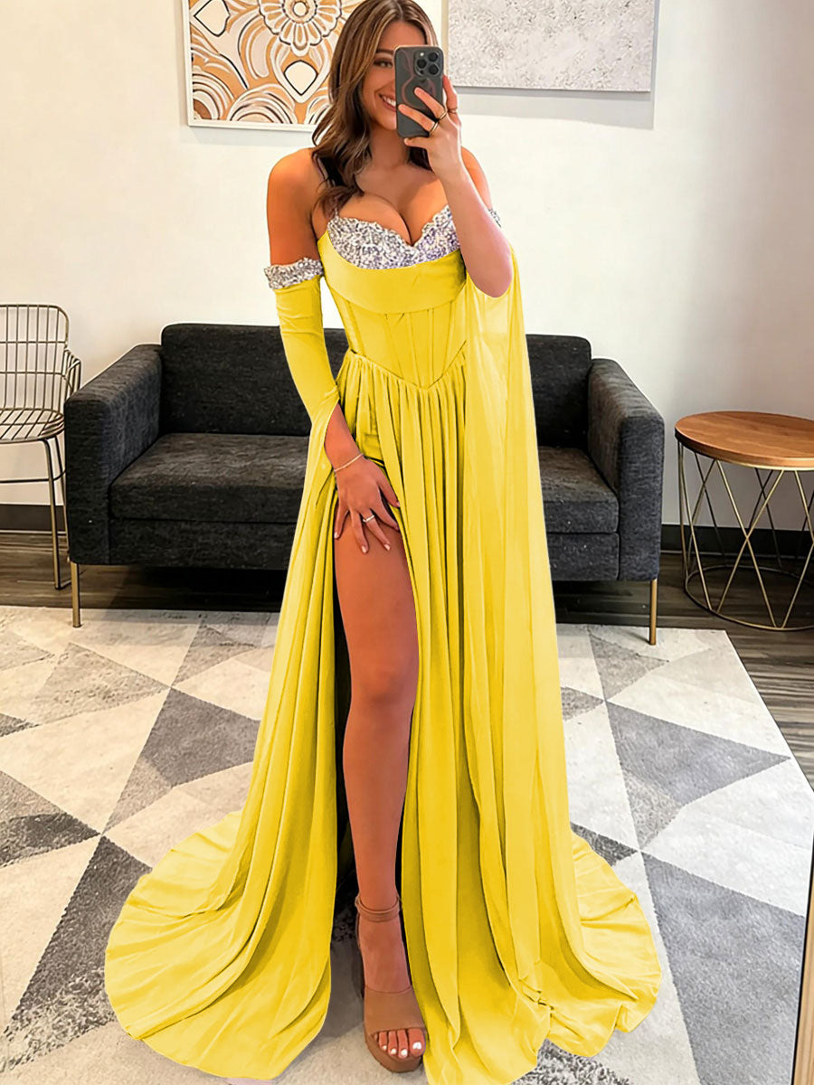 A-Line Glitter Sweetheart Corset Ruched Long Prom Dresses